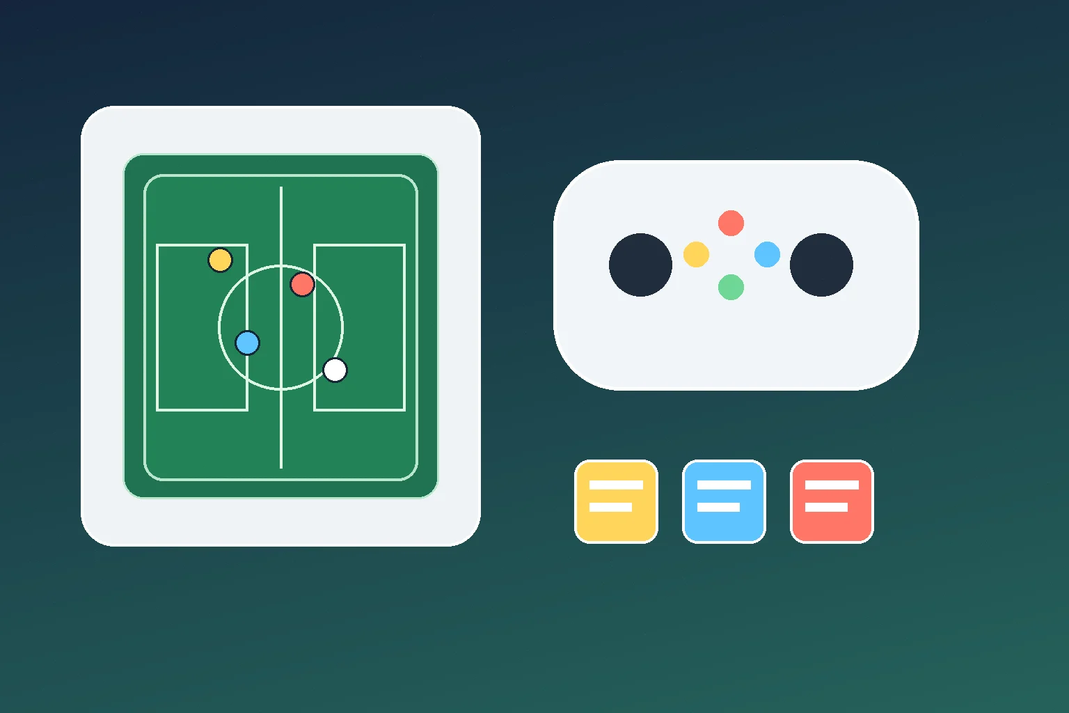 Illustration of mobile football controls, a controller, and event tiles for eFootball players