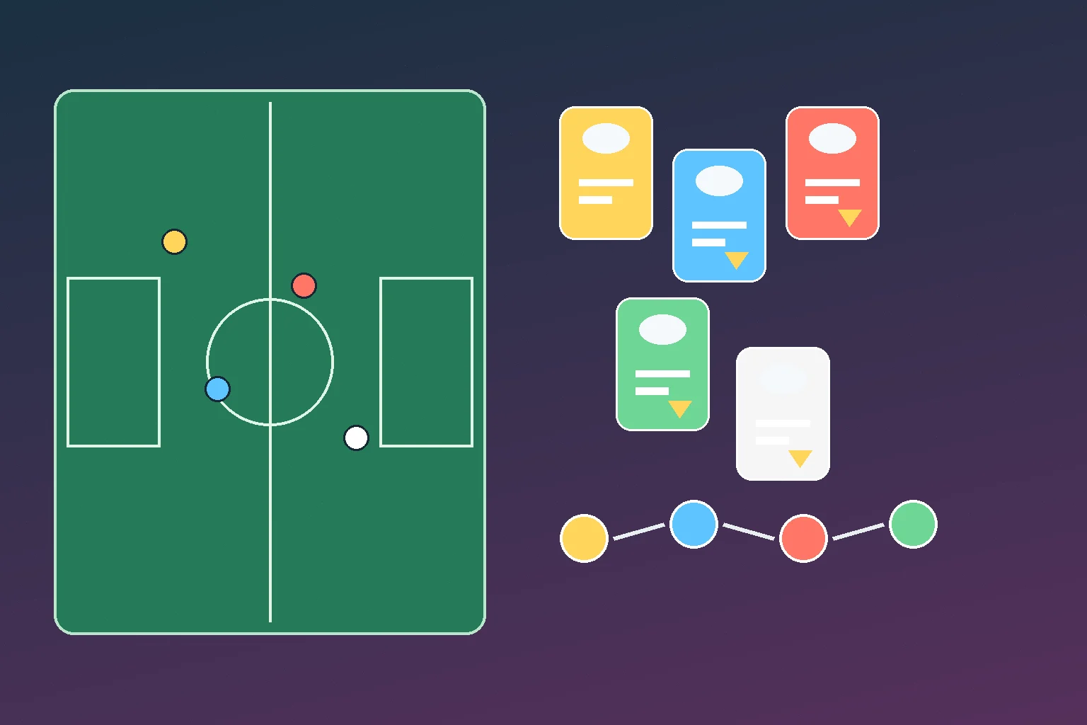 Illustration of Dream Team squad cards and player progression beside a football pitch