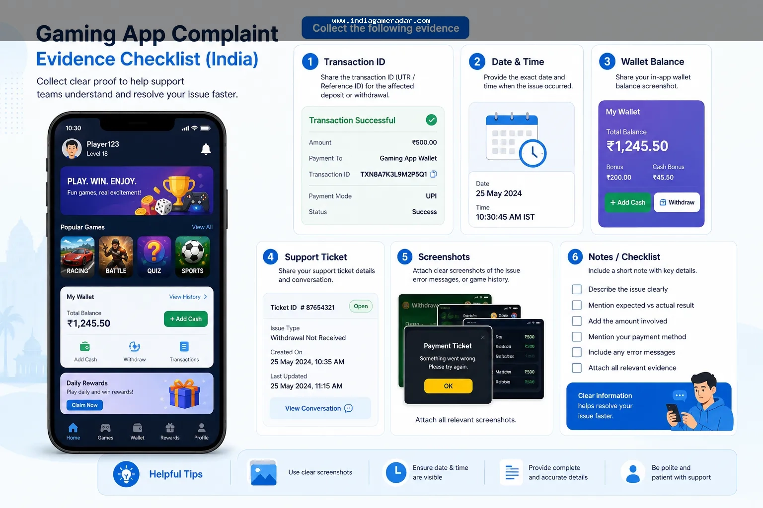 Checklist of transaction IDs screenshots and support records for a gaming app complaint